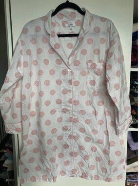 Marigot White Pink Round Shells Print Sleep LS Shirt Pajama Dress M Button Up